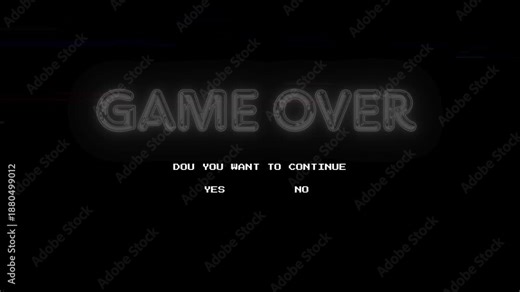 Video game over screen with continue options suitable for video game development, interactive media projects, and game design portfolios.