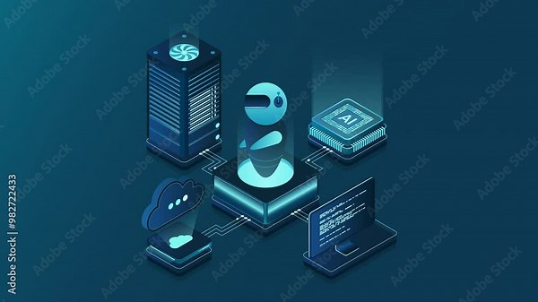 Artificial intelligence robot animation. System analysis. Big data processing. Machine learning technology. 4K video animated in isometric style