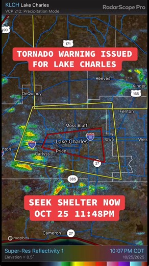🚨 TORNADO WARNING – LAKE CHARLES, LOUISIANA 🚨Issued at 11:48 PM CDT, Saturday October 25, 2025. A dangerous thunderstorm capable of producing a tornado is moving through Lake Charles, including Prien, Iowa, and Moss Bluff.⚠️ Hazard: Tornado and damaging winds.💨 Impact: Flying debris, damage to roofs, windows, and vehicles — mobile homes may be destroyed.If you are in or near Lake Charles, seek shelter immediately in an interior room on the lowest floor away from windows.#TornadoWarning #LakeC