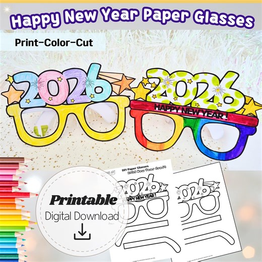 Happy New Year 2026 Paper Glasses Craft Printable, New Year Coloring Glasses, Kids Party Activity, Print Color Cut, PDF Digital Download - Etsy