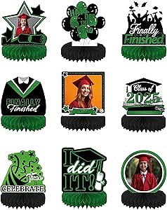 Custom Graduation Centerpieces for Tables 2026 Congrats Grad Honeycomb Centerpieces Dark Green Personalize Graduation Decorations with Photo Name Party (Pack of 9)