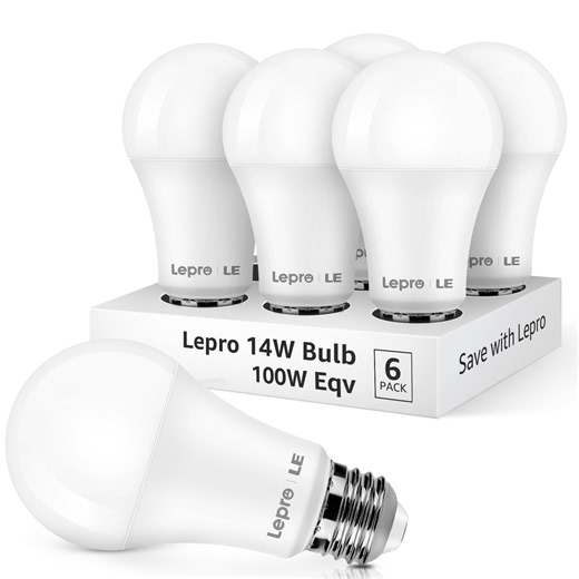 Lepro LED Daylight Light Bulbs 100W Eqv Annual Save $10.32 per, 14W 1500 Lumens 5000K Daylight White Non-Dimmable, A19 E26 Standard Base, 15000 Hour / 10yr Lifetime 6 Packs