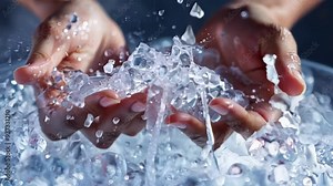 Close up of female hands playing with melting ice cubes in a crystal bowl filled with fresh water, enjoying the cold and invigorating sensation