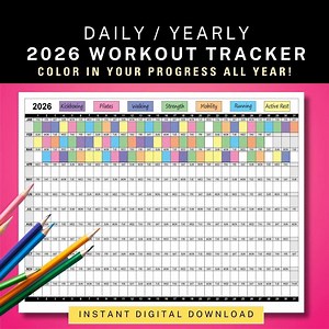 2026 Workout Tracker Daily Yearly Calendar, Coloring Exercise Log, Habit Tracker, Color-in Yearly Fitness Calendar, Work Out Fitness Planner - Etsy