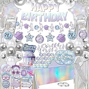 Iridescent disco Birthday Party Decorations - (Total 110pcs) happy birthday Banner, party supplies for her, balloons,disco Decor for 13th 16th 18th 21st 30th 40th 50th