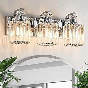 Chrome Bathroom Light Fixtures with K9 Crystal Lampshade Bathroom Lighting Over Mirror Vanity Lights for Living Room,Bedroom,Restroom,Hallway 3 Lights