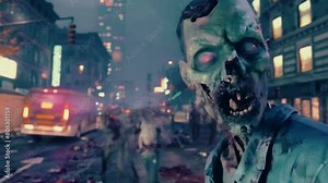 Zombie Invasion in a Destroyed City , Horror Halloween Background 4k Loop High-Quality animation video