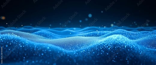 Glistening blue particles flow gracefully over rolling waves, while the camera gently pans across the scene, creating a mesmerizing, cinematic depiction of tranquil, ambient motion.