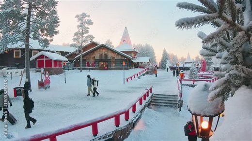 Rovaniemi, Finland - 25th december, 2025: famous Santa Claus Village Rovaniemi Lapland cold winter evening with festive lights tourists snow covered buildings Christmas travel destination