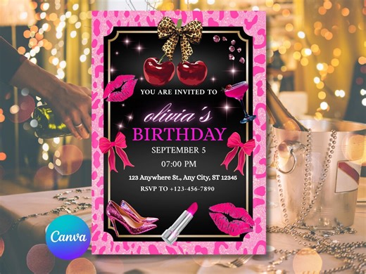 Pink Leopard Cherry Birthday Invitation, Coquette Girl Birthday Party Invite, Hot Pink Cheetah Print Birthday, Editable Canva Template, 5x7 - Etsy