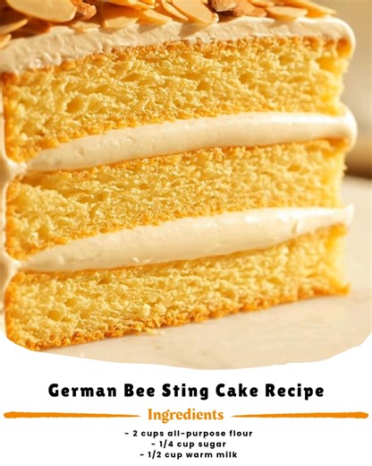 German Bee Sting Cake Recipe Ingredients: - 2 cups all-purpose flour - 1/4 cup sugar - 1/2 cup warm milk - 1 packet active dry yeast (7g) - 1 large egg - 1/4 cup unsalted butter, softened - Pinch of salt - 1/4 cup butter (for topping) - 1/4 cup honey - 1/4 cup sugar (for topping) - 1/2 cup sliced almonds - 1 1/2 cups heavy cream - 2 tablespoons sugar (for whipping the cream) - 1 cup milk (for custard) - 2 tablespoons cornstarch - 1 teaspoon vanilla extract - 3 tablespoons sugar (for custard) Dir