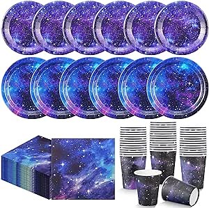 240 Pcs Galaxy Party Supplies - Outer Space Solar System Decor - Disposable Napkins, Paper Plates, Cups - Starry Night, Woodland Theme - Birthday Party Favors