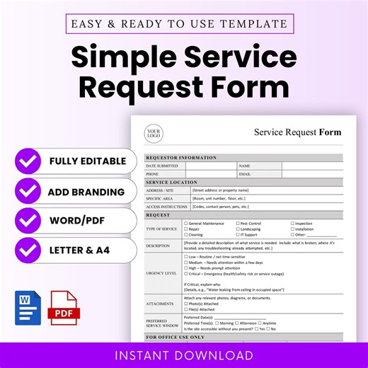 Simple Service Request Form Template - Word & PDF, A4 + US Letter - Etsy