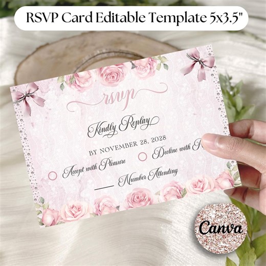 Coquette Sweet 16 RSVP Card Template Soft Pink and Silver, 5x3.5" Rsvp Card, Sweet Sixteen, Quince Rsvp, Quinceanera Editable Rsvp. - Etsy