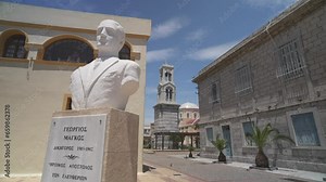 Statue in front of Sainte Eglise de la Transfiguration du Christ Sauveur (Metamorfosi Sotiros Cathedral), Kalimnos Town, Kalimnos, Dodecanese, Greek Islands
