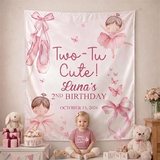 Personalized Two Tu Cute Birthday Silk Banner and Toodles, Custom Name Girl Party Decor, Pink Ballet Bow Party Backdrop - Etsy