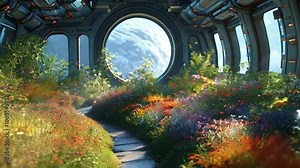Interior of a spaceship transformed into a lush, vibrant garden with sunlight streaming through large windows, blending nature and technology.
