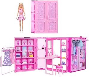 Barbie Dream Dressing Room Playset with 29 Pieces Including Doll, Vanity, Clothing Racks & Accessories, Portable Folding Closet with Handle, Multicolored, Ages 3+