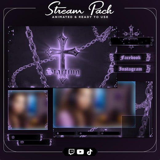 Animated Purple Cross Stream Overlay | Cyber Goth Dark Aesthetic | Twitch Stream Package | Vampire Metal Vtuber Asset | Liquid Chain Overlay