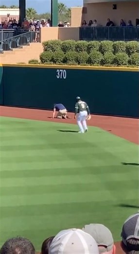 Outfielder Stops Cold After Fan Falls 😳