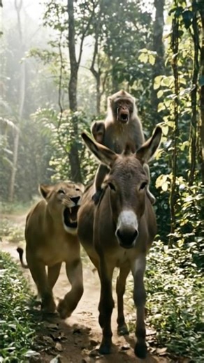 The lion wants to eat the donkey and the monkey 🤣 #monkey #snowmonkey #lion #donkey #greatape
