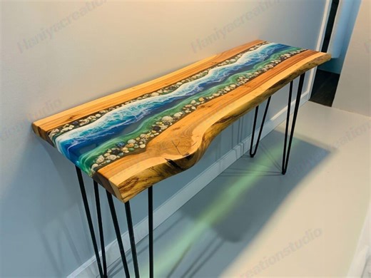 Ocean Blue Wave Epoxy Resin Console Table With Natural Pebbles & Live Edge Wood - Etsy