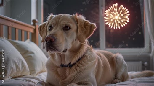 Golden retriever relaxing indoors with colorful fireworks display outside nighttime window