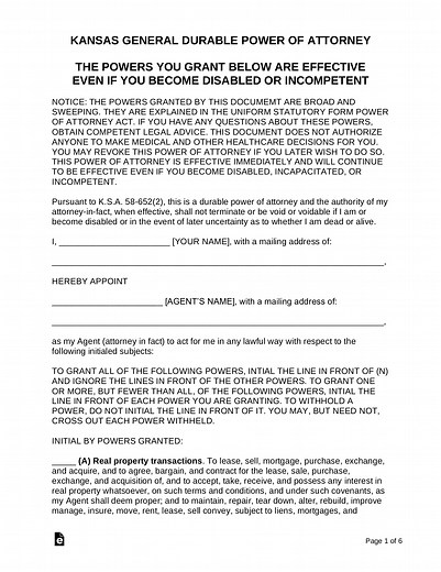 Kansas Power of Attorney Form