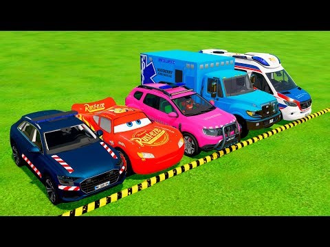 TRANSPORTING PIXAR CARS & FRUITS WITH COLORED & JOHN DEERE vs CLAAS vs TRACTORS - BeamNG.drive #983