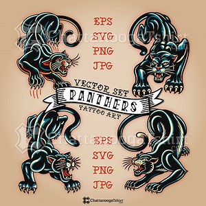 Old School Panther Tattoo Vector Set: Crawling Black Panther Flash Tattoos (SVG, PNG) - Etsy