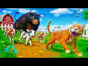 Super Bull Saves Cow Calf from Wild Tiger | Epic Farm Adventure