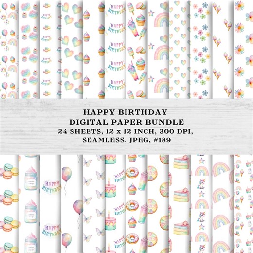 Birthday Digital Paper Bundle, Watercolour Birthday, Seamless Digital Paper, Scrapbooking, Digital Download, Happy Birthday, 300 Dpi, #189. - Etsy