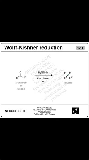 The Wolff–Kishner reduction enables the complete deoxygenation of aldehydes and ketones to alkanes via hydrazone formation under strongly basic, high-temperature conditions. Developed by Ludwig Wolff and Nikolai Kishner in the early 20th century, the reaction proceeds through base-induced decomposition of the hydrazone with loss of dinitrogen, providing a thermodynamically driven reduction pathway. Learn. Review. Repeat.