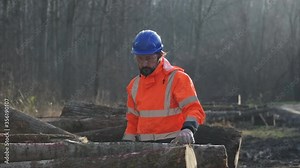 Forestry technician marking logs for firewood with red aerosol paint