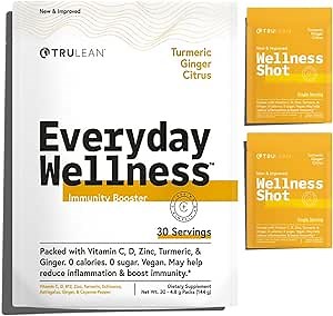 TRULEAN Everyday Wellness Shot Powder Drink Mix - Immune Support Supplement with Vitamin C, Zinc, Ginger, Turmeric, & Electrolytes | Travel Wellness Shot Packets | 0 Sugar, Gluten Free | 30 Servings