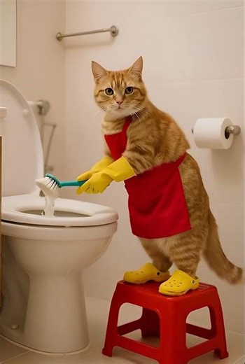 Cute Cat Cleaning a Toilet to Relaxing Music and Meowing at the End 🐱🧼