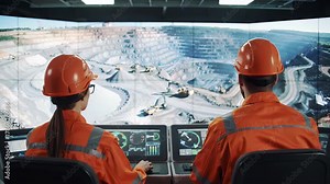 Mining Operations Control Room Overseeing Large Scale Excavation Site With Heavy Machinery From Digital Display Screens