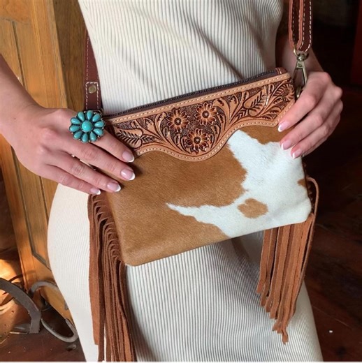 Tooled Leather Cowhide Crossbody Bag: Western Fringe Clutch - Etsy