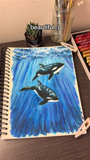 Drawing killer whales as a full page of oil pastels without using any black! I used dark green instead hehe 🌊 #oilpastel #ocean #artprocess #drawing #colortheory