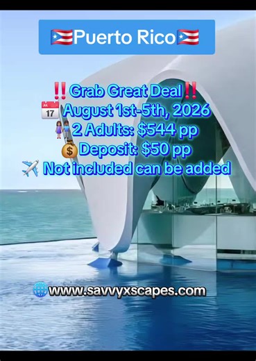 🇵🇷Puerto Rico~No need for a passport‼️A beachfront tropical paradise right in the heart of El Condado,with world-class dining, a very lively vibe, and daily entertainment. Wake up to beautiful sparkling blue waves, tall palm trees, and a nice ocean breeze. ‼️Grab Great Deal‼️ 📅 August 1st-5th, 2026 👩🏽‍🤝‍👨🏾2 Adults: $544 pp 💰Deposit: $50 pp ✈️ Not included can be added 🌴 HIGHLIGHTS🌴 🔅6 restaurants 🔅Walkable to bars/dining 🔅Casino onsite 🔅2 pools 🔅Adults-only Infinity pool 🔅Suites