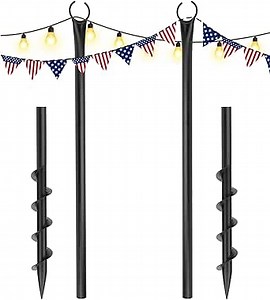 String Light Poles for Outside - 2 Pack Outdoor Patio Light Poles for Hanging String Lights, Patented Spiral Ground Anchor, Metal Backyard Garden Light Posts for Party Wedding Decorations