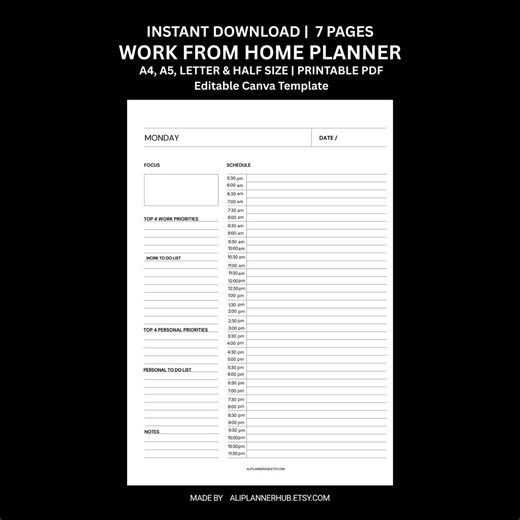 Work From Home Planner Printable PDF | Editable Canva Daily Planner |WFH Productivity Planner A4 A5 US Letter Half Letter | Instant Download - Etsy