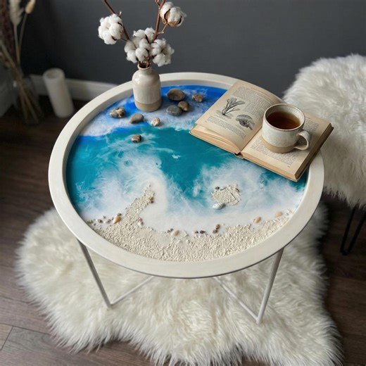 Coastal Ocean Resin Side Table | Handmade Beach-inspired Table With Seashells | Coastal Home Decor | Resin Art Furniture - Etsy
