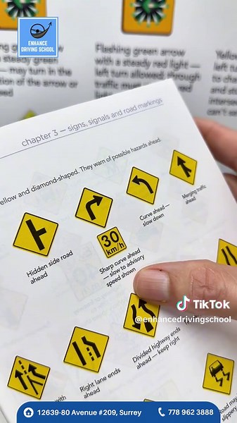Warning Signs for Safe Driving! 🚗⚠️ When you see a sharp curve ahead, slow down to the advisory speed limit to maintain control of your vehicle. Be on the lookout for black, white, and yellow speed signs, as these indicate safe speeds to follow. To be fully prepared for your road test, it's important to understand and follow these warning signs. Be road test-ready by joining our driving classes today at Enhance Driving School, where we’ll teach you how to drive safely and confidently. 👉 Contac