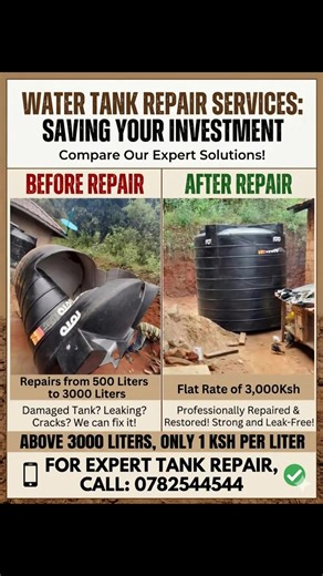🚨 DON’T THROW AWAY YOUR DAMAGED WATER TANK! 🚨 Cracked tank? Leaking tank? Broken poly tank? 💡 STOP wasting money buying a new one!We repair it professionally and make it strong again. 👨‍🔧 Meet Zeph – Kenya’s Trusted Poly Tank Repair Specialist ✅ We repair all brands of tanks:• Kentank• Toptank• Exotank• Roto Tanks• And many more 💰 Affordable Prices ✔ 500L – 3000L tanks → KSh 3,000 only✔ Above 3000L → KSh 1 per liter Example:🔧 5000L tank repair = KSh 5,000 ⭐ Why choose us?✔ Strong professi