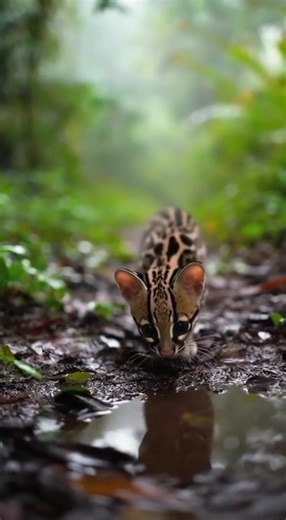 A curious baby ocelot explores a rainy jungle clearing and stumbles upon a puddle. When it sees its own reflection and bats at it, the ripples startle the kitten into an adorable slip before it meows at the camera! | Daily Clippy
