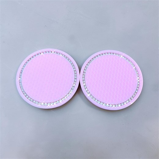 Bling Pink Rhinestone Car Cup Holder Coasters, Crystal Diamond Car Coaster Set, 2.75 Inch Universal Auto Cup Holder Insert, Sparkly Car Acce