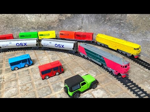 Find and assemble a long-carriage diesel train toy, a cargo train toy