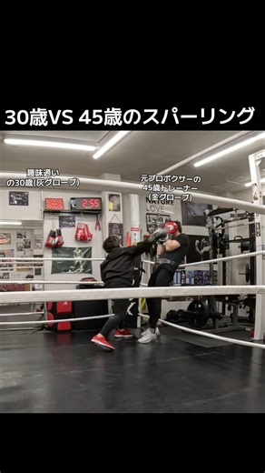 趣味通いの30歳(灰グローブ)VS元プロボクサーの45歳トレーナー(金グローブ)のスパーリング