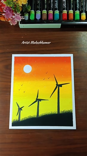 🌅 Easy sunset windmill painting l very easy oil pastel art for beginners #shorts #art #painting